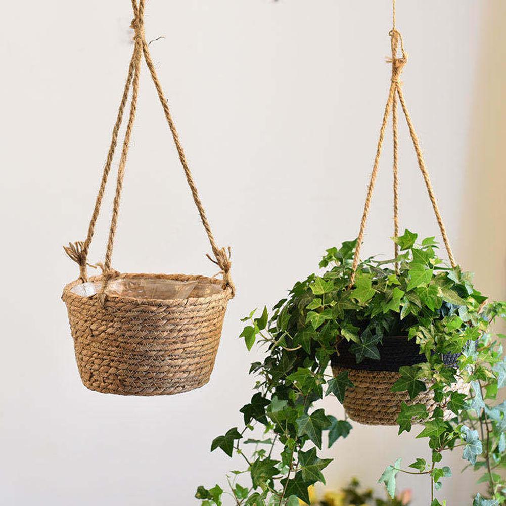 Handvävd stickad hängande blomkorg hink växtkruka plantering heminredning handstickning hängande heminredning blomkruka korg