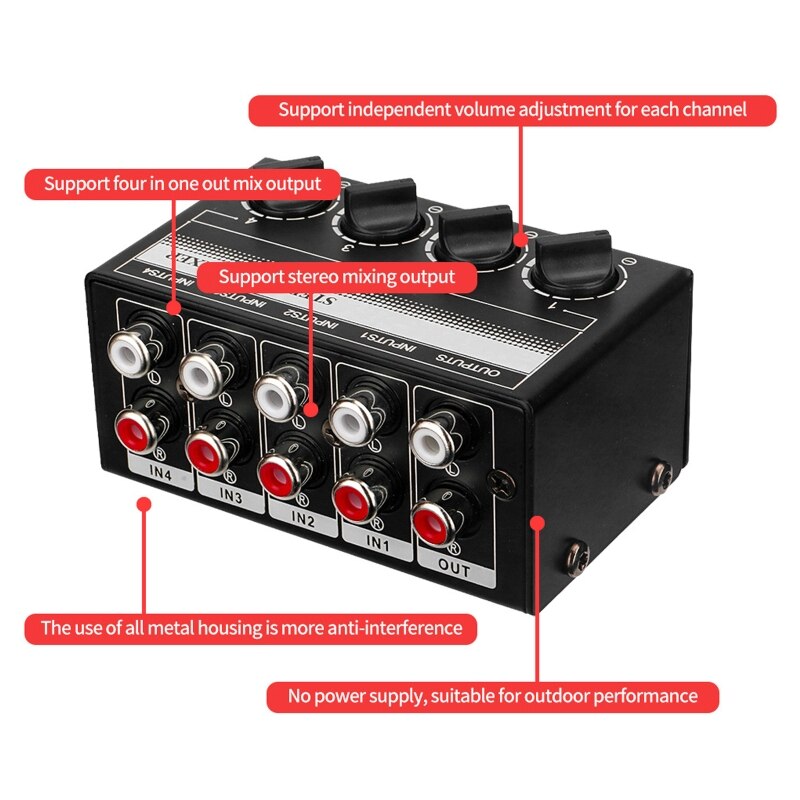 CX400 Mini Passive Stereo Mixer Rca 4 Channel Passive Mixer Small Mixer -12dB MAX Mini Passive Stereo Mixer A0NB
