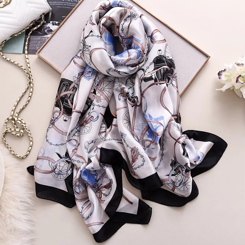 silk scarves women Popular chain print silk scarf muffler lady flower scarves luxury shawl beach wraps hijab: 01