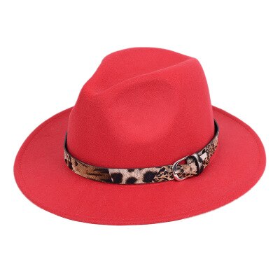 Newest Women Ladies Wool Felt Fedora Hat Leopard Print Wide Brim Wool Panama Casual Formal Party Winter Fedoras: Red
