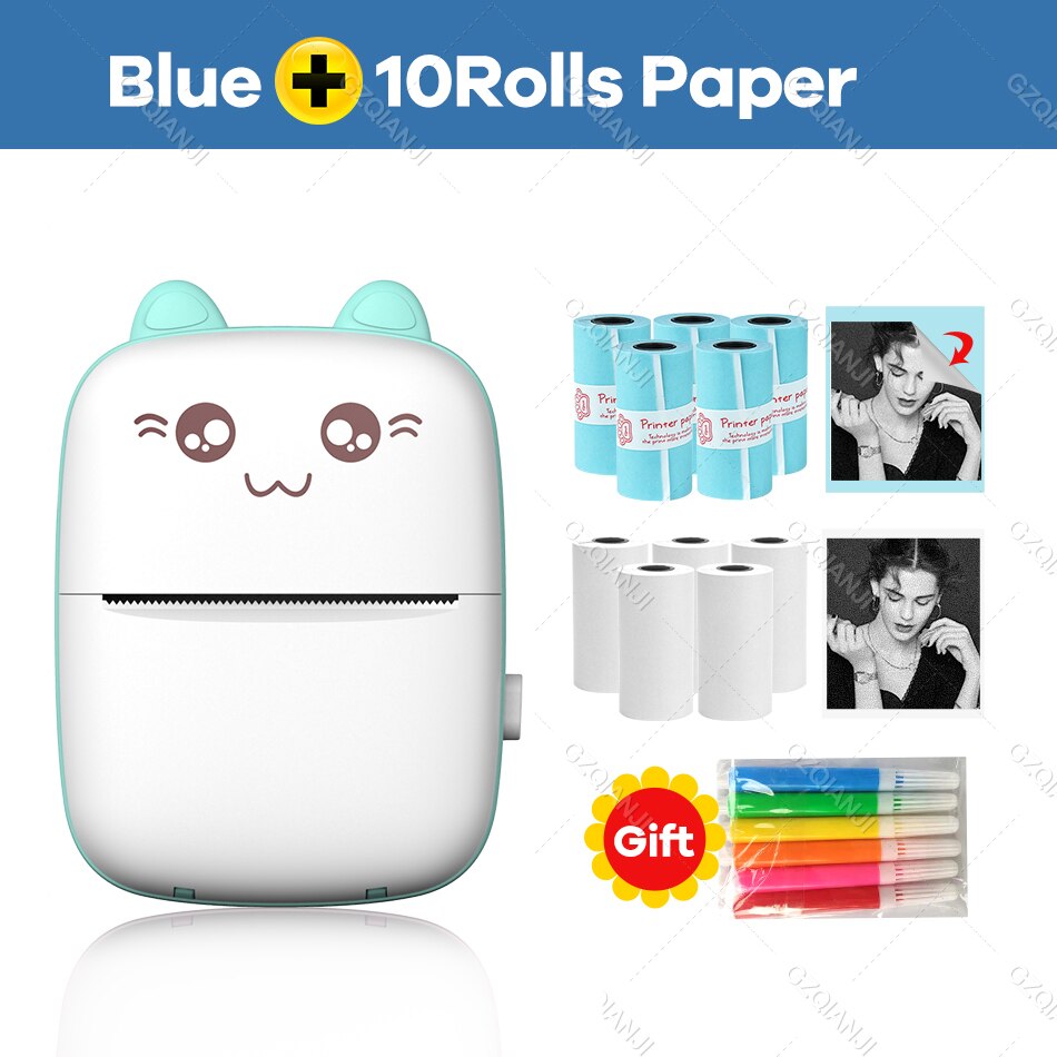Thermal Printer 203DPI Portable Bluetooth 4.0 Thermal Photo Printer Wireless Inkless Mini Pocket Label Notes Printer With Papers: BL add 5WH5STIC