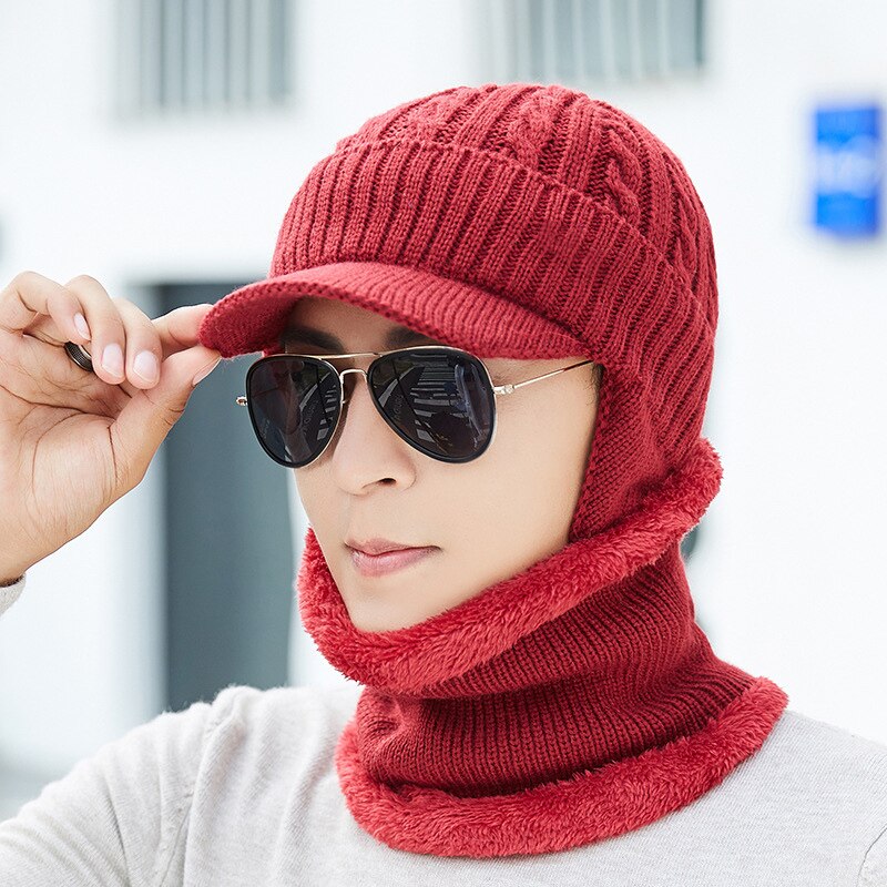 Unisex Mannen Vrouwen Winter Warm Hat Nek Warmer Ambachten Knit Visor Beanie Fleece Gevoerde Ear Flap Cap-Opk: wine red