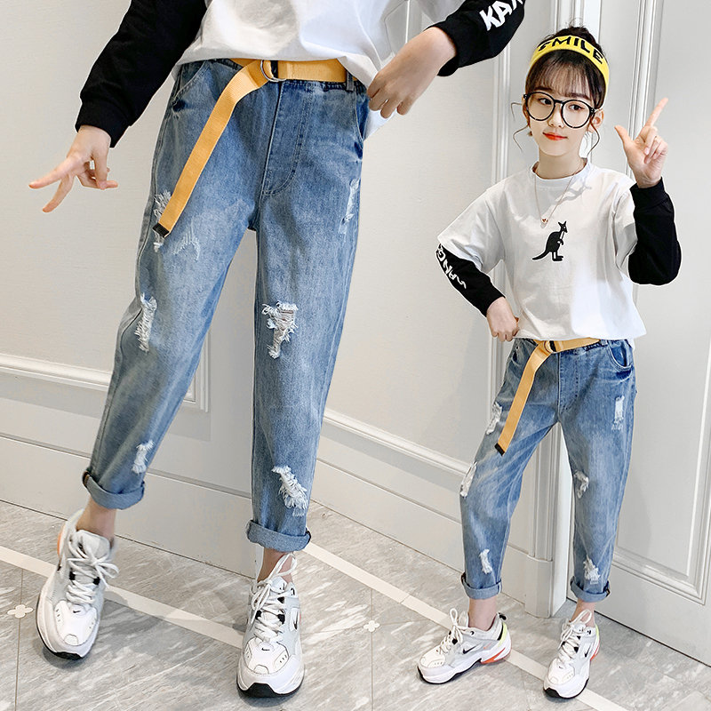 Children&#39;s Ripped Jeans for Girls Kids Casual Denim Trousers with Belt Teen Girl Pants For Age 4 5 7 9 11 13 Years