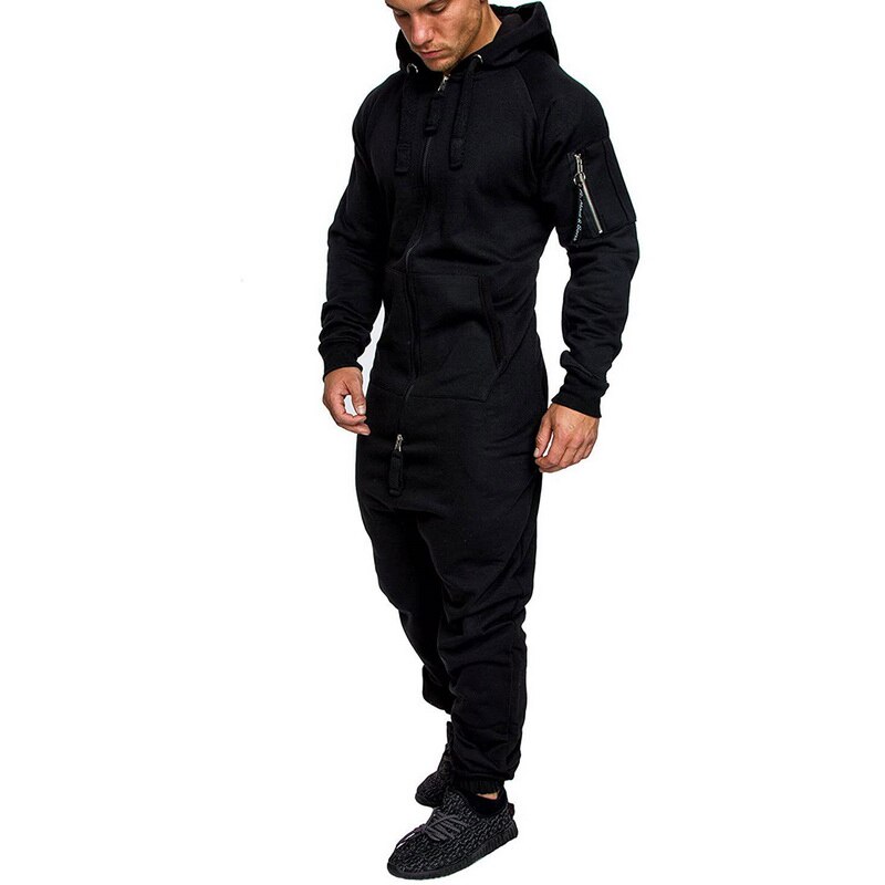 Hoodies Overalls Men Pure Color Splicing Jumpsuit Long Sleeve Male Clothes Men's Jumpsuits One-piece Garment Pajama Streetwear