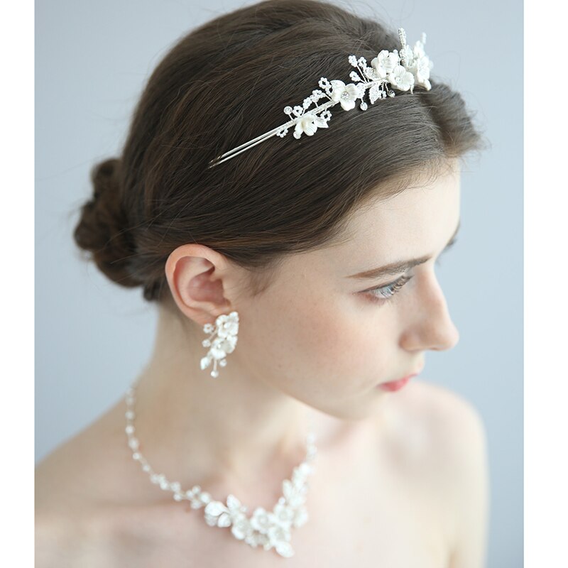 Delicate Bridal Sieraden Sets Porselein Bloem Vrouwen Ketting Oorbellen Set Wedding Party Tiara Accessoires