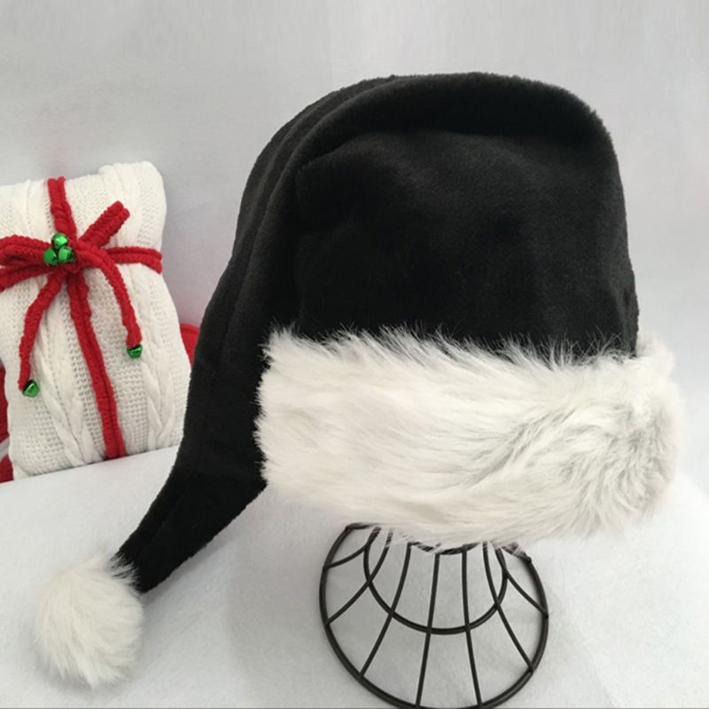 75Cm Volwassen Zwarte Pluche Lange Kerst Hoed Xmas Kostuum Pompom Kerstman Cap R9JE