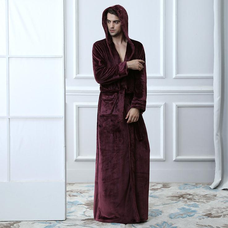 Wine red robe men's bathrobes pigiama home service Pyjamas Robe Camicia da notte flannel winter robe men hooded thick pajamas: wine red / L