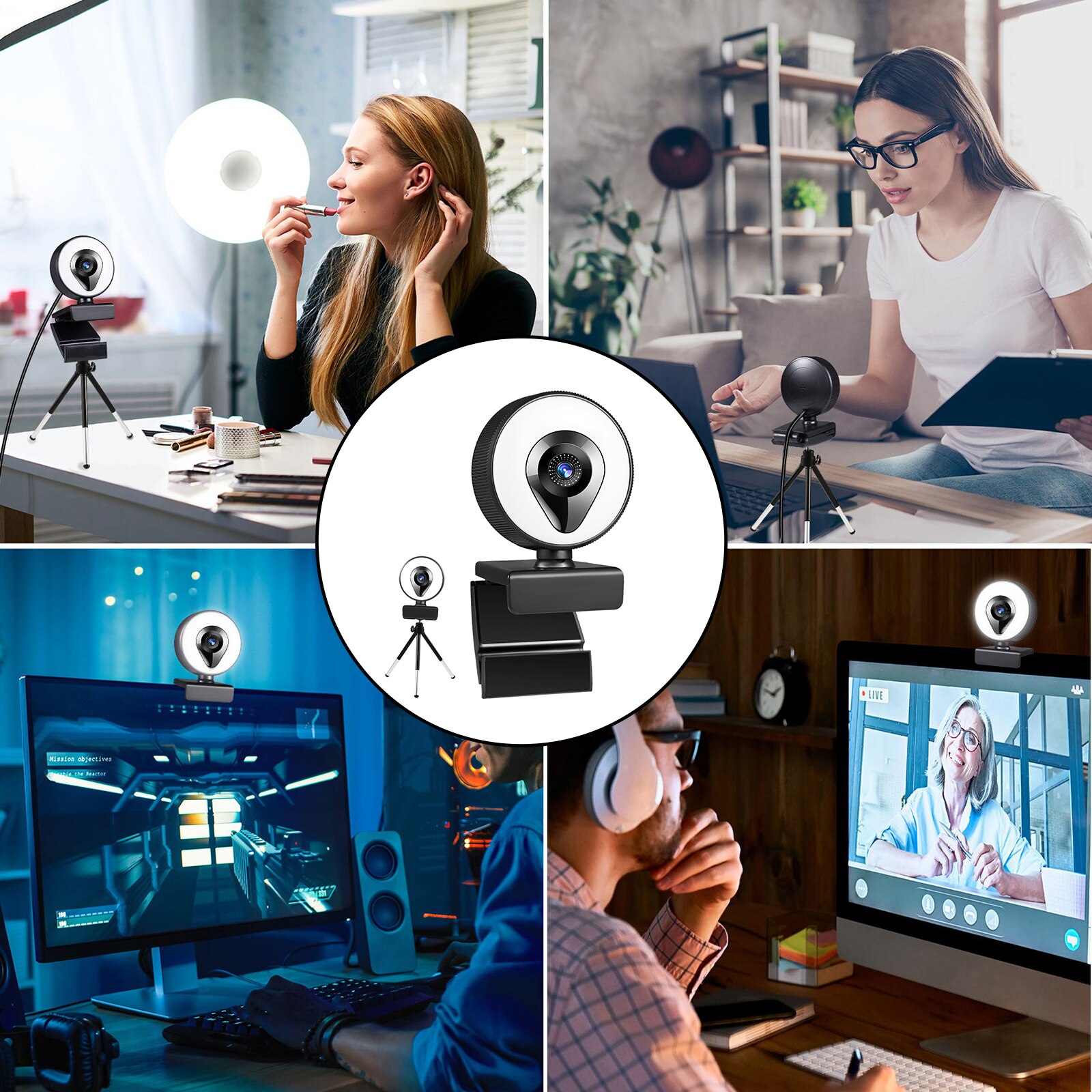 Webcam with Ring Light Microphone and Tripod Plug and Play Adjustable Brightness for Gaming Online Learning PC Laptop Desktop: 2k