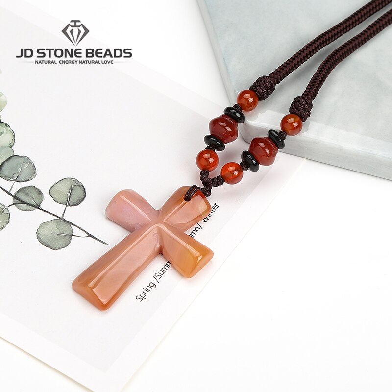 Natural Stone Cross Necklace Hand-woven Rope for Women and Girls Long Sweater Chain Jewelry