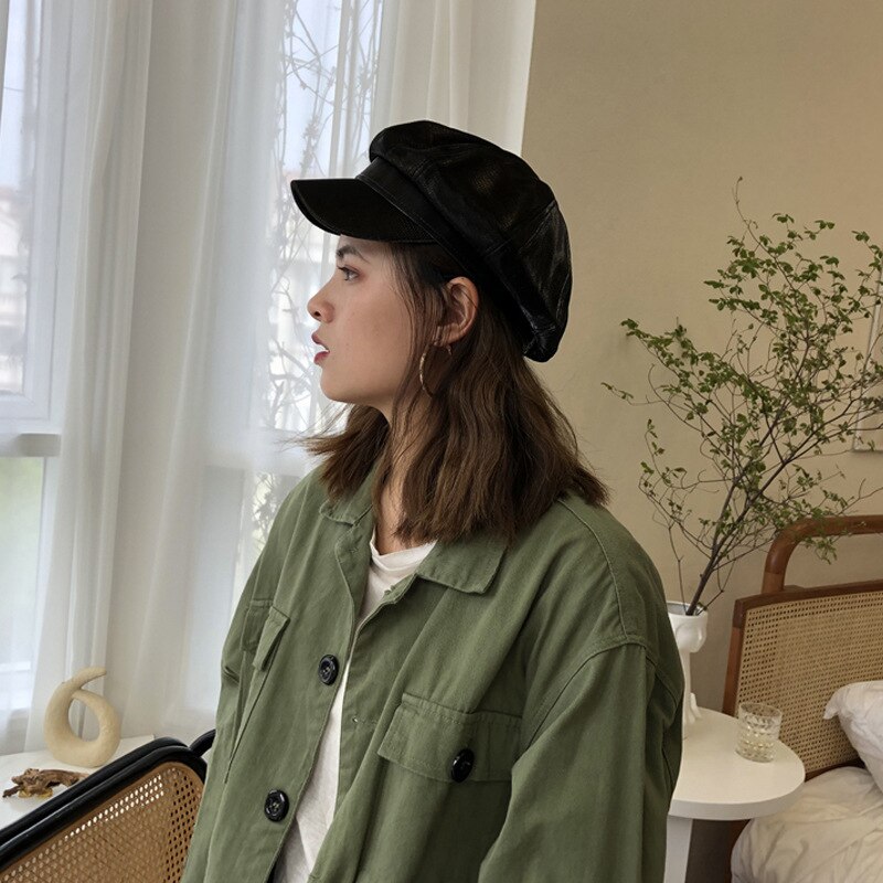 Leather Vintage Berets Painter Hat Autumn Winter Caps Male Female Casual Solid Color PU Leather Octagonal Cap