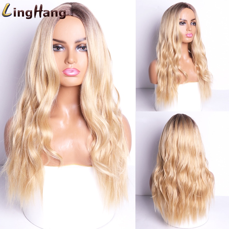 Linghang Lange Water Wave Haar Bruin Geschikt Voor Zwart/Wit Vrouwelijke Synthetische Pruik Hittebestendige Pruik Cosplay Haar