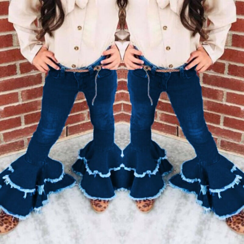Children's Clothes Toddler Kids Baby Girls Jeans Bell-bottom Trousers Boot Cut Wide leg Dark Blue Denim Long Pants 2T-7T