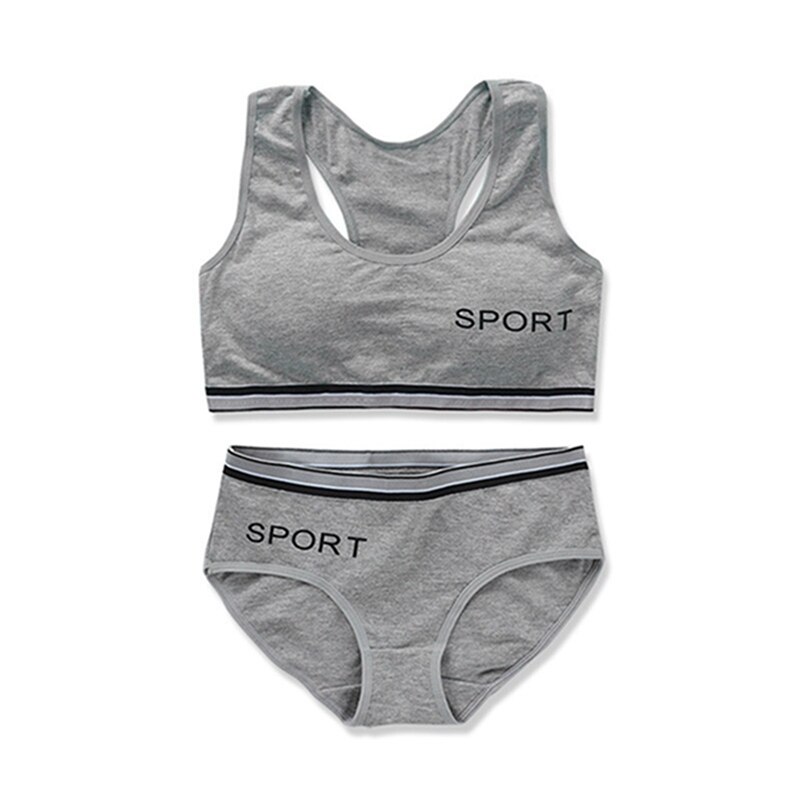 Wireless Girls Bras Panties Sets Cotton Underwear Sets Teenage Sports Training Bra 8-14Y Puberty Student Camisole Vest Panties: Grey Underwear Set