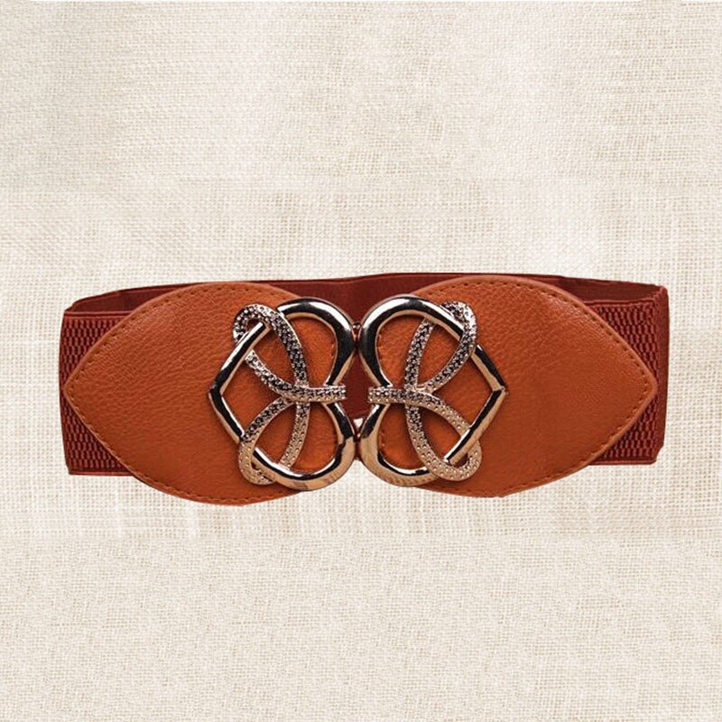 21 types Women Elastic Wide Belt Thick Vintage Totem Print Stretch Leather Waist Belt For Dress Corset Cinch Waistband Z30: Brown Heart