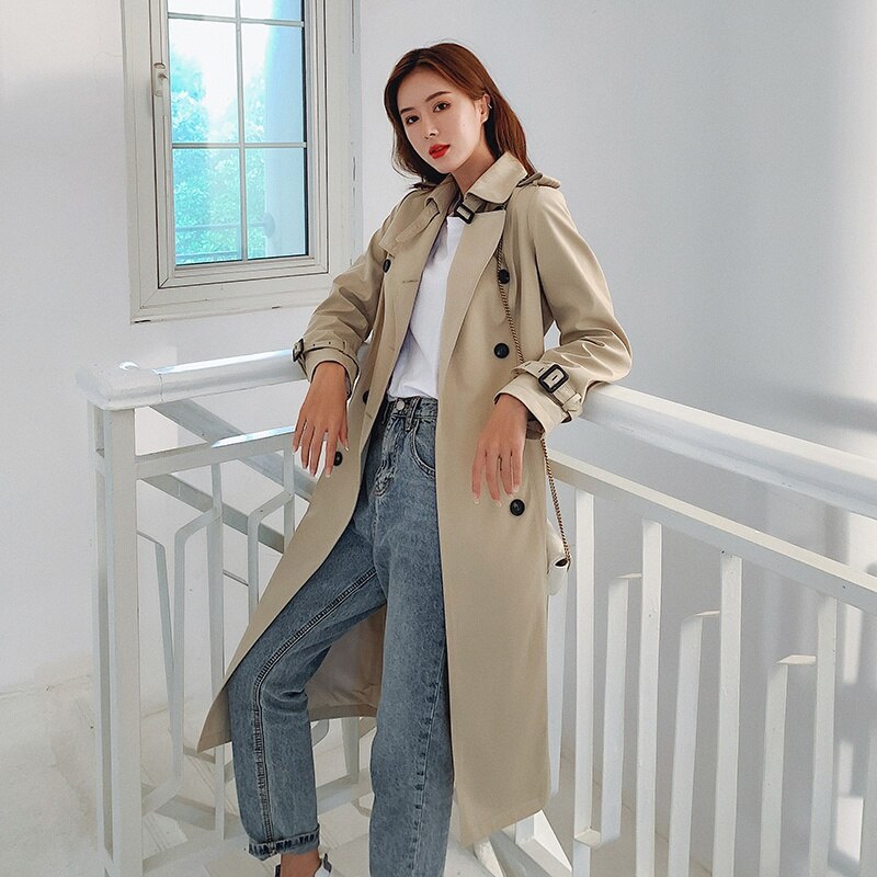 England Style Slim Lady Trench Coat Long Double-Breasted Women Duster Coat with Belt Khaki Windbreaker Spring Autumn