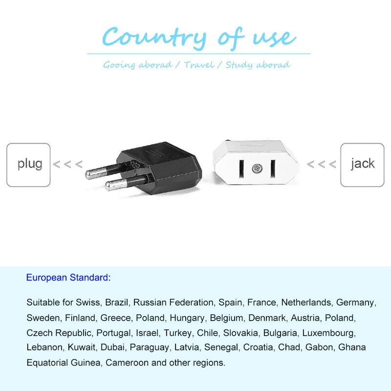 10 stuks eu-stekkeradapters 4.0mm amerikaanse, chinese, japanse naar eu, euro, europese reisstekkerconverter, oplader, stopcontact