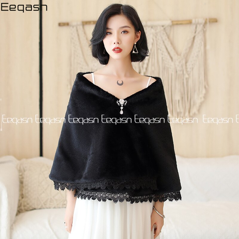boléro mariage Wrap fausse fourrure étole Cape avec strass dentelle bord écharpe fourrure bordeaux hiver femmes manteau mariée châle: Black