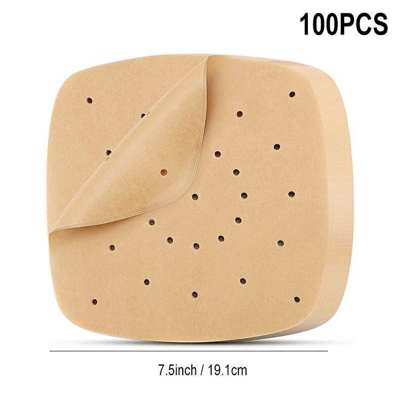 100 stk airfryer liners 6.5/7/7.5/8.5/9 tommer firkantet rund airfryer papir engangs bagepapir køkken non-stick dampmåtte: S 100 stk. -7.5 tommer
