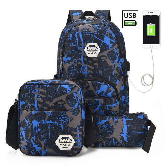 3 pièces/ensemble USB mâle sacs à dos lycée sacs pour femmes garçons une épaule grand étudiant voyage sac hommes école sac à dos mochila: blue1