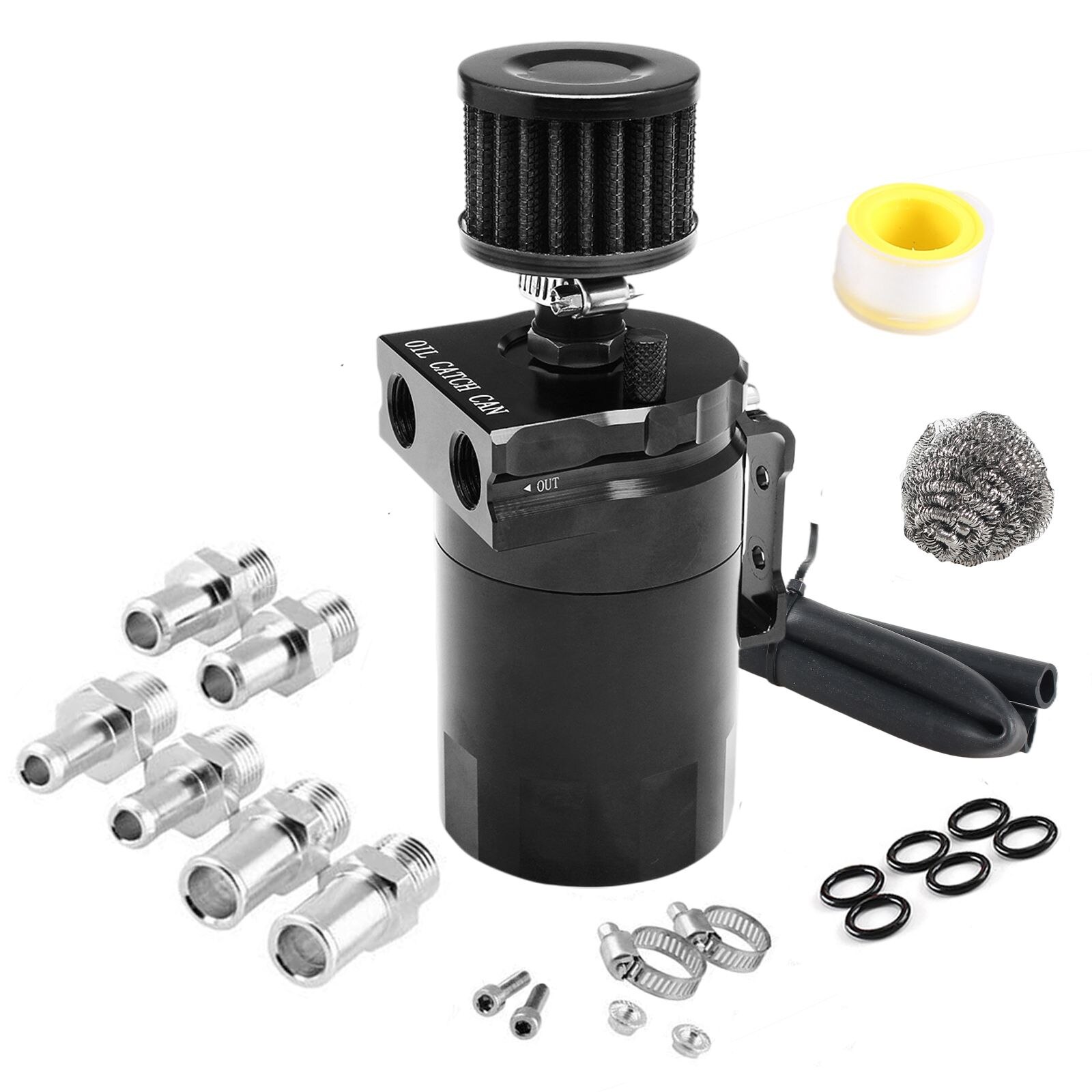 Car Baffled Oil Catch Can Reservoir Tank with Air Filter Breather Baffled Aluminum Fittings Oil Dipstick Hole Breathable Kettle: black