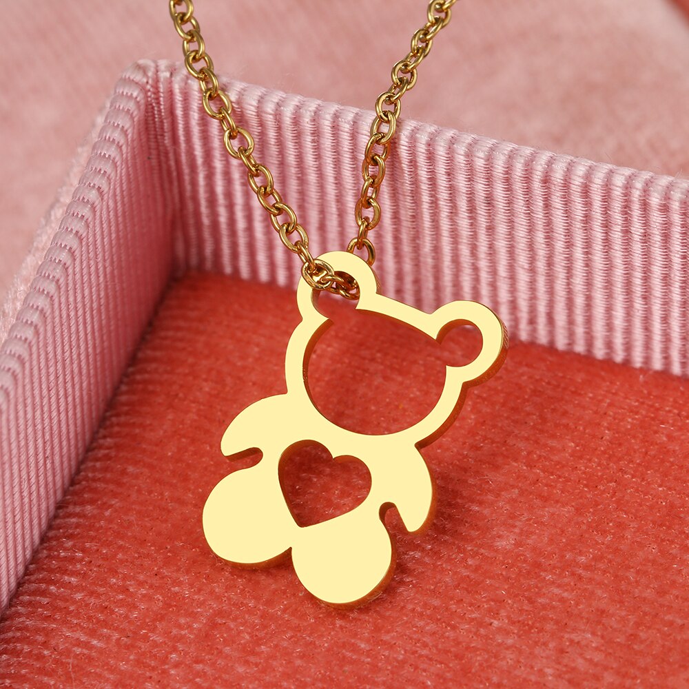 Edelstahl Halsketten Hohl Bär Herz Anhänger Kette Charme Zubehör Halsband Feine Halskette Für Frauen Schmuck Party