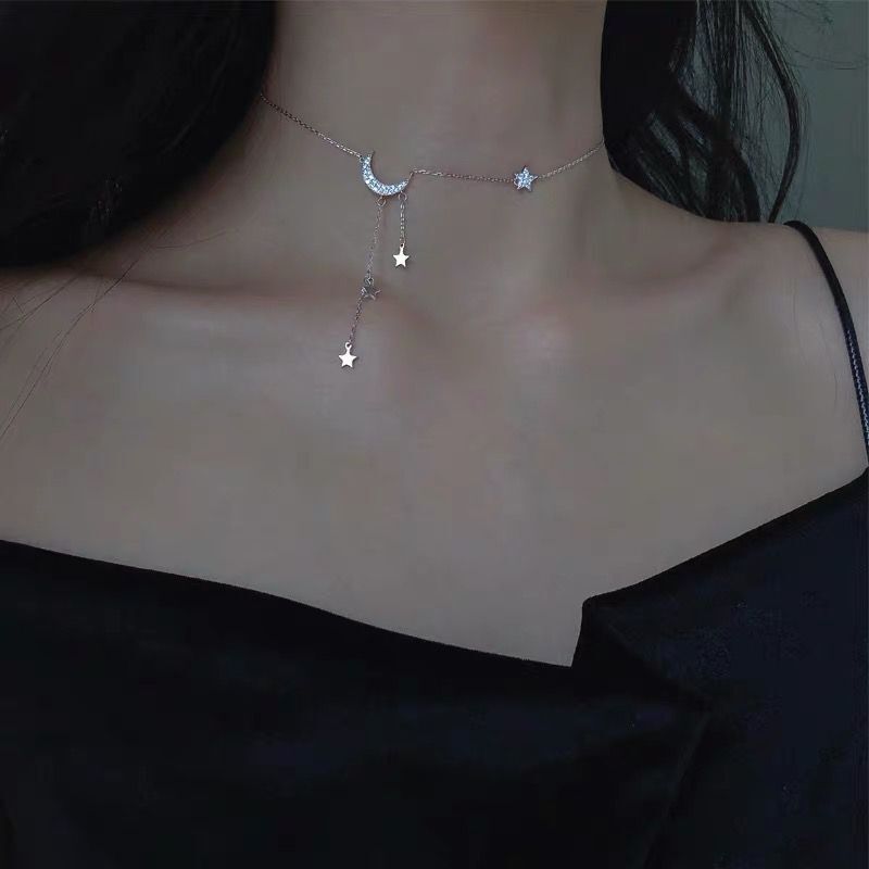925 prata esterlina moda clavícula corrente temperamento simples personalidade lua e as estrelas borla colar para estudante do sexo feminino