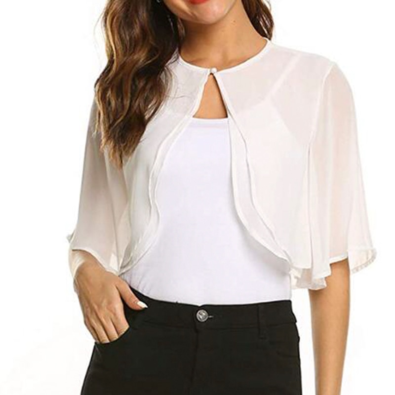 Womens Half Sleeve Layered Open Front Loose Sheer Bolero Chiffon Shrug Cardigan Top For Wedding Party Dress Capes Robe