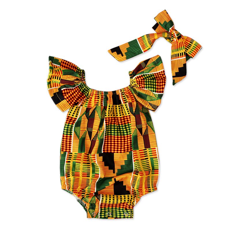 Meisjes Afrikaanse Kleding Kinderen Bazin Riche Dashiki Leuke Jurken Gestreepte Gedrukt Rompertjes Voor Baby Met Hoofdband: Romper and Headband / Height 80CM