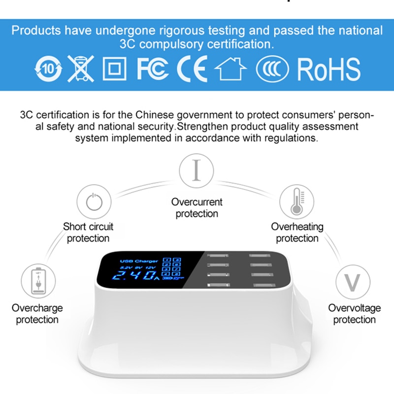 Goojodoq Quick Charge 3.0 40W 8-Port Usb Charger/Type C/Pd Charger Smart Led Display usb Snel Opladen Adapter Voor Telefoon Tablet