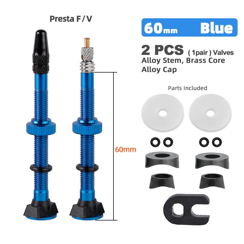 Bicicletta 1 paio 40/45/60mm Presta Valve per strada Tubeless Rim nucleo in ottone con tappo e strumento: 60mm Alloy Blue B