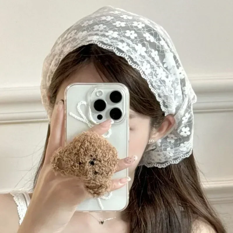Retro Kant Bandana Hoofdband Print Haar Sjaal Bohemen Driehoek Hoofddoek Witte Haarbanden voor Dames Meisje Mode Zoete Hoofddoek