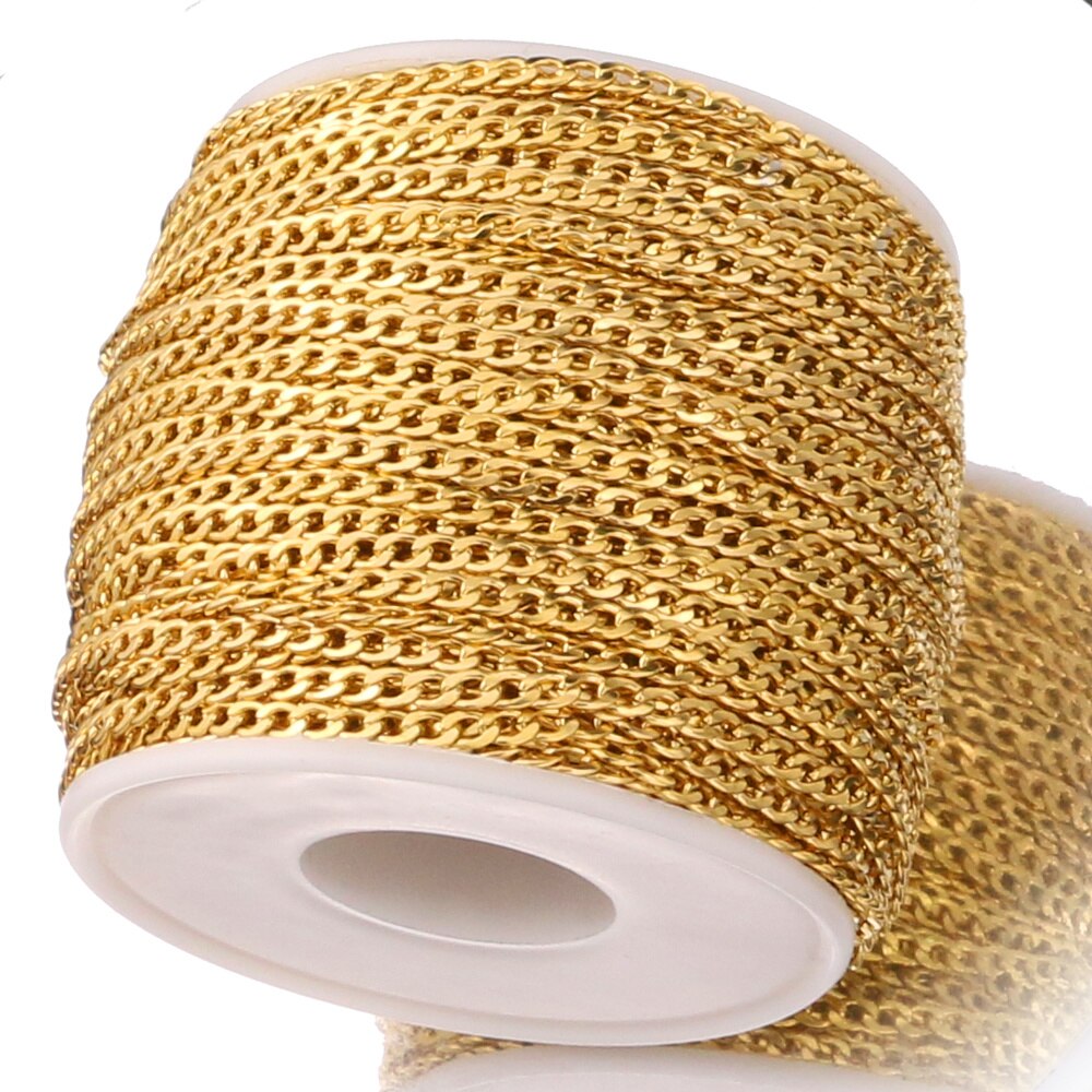 2 Meter Gold Breite 3mm Breite Bordstein Verknüpfung Kette Edelstahl NK 1:1 Kette für DIY Handgemachte Halskette Armbinde machen