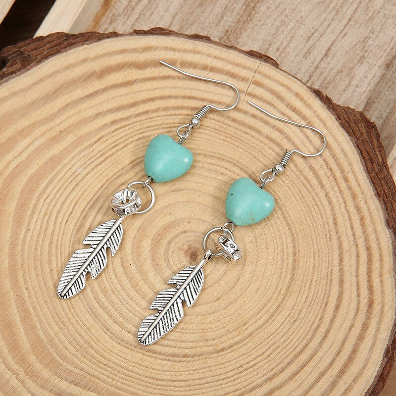 European and American Retro Earrings Heart-Shaped Turquoise Feather Earrings Vintage Women&#39;s Alloy Jewelry Accessories