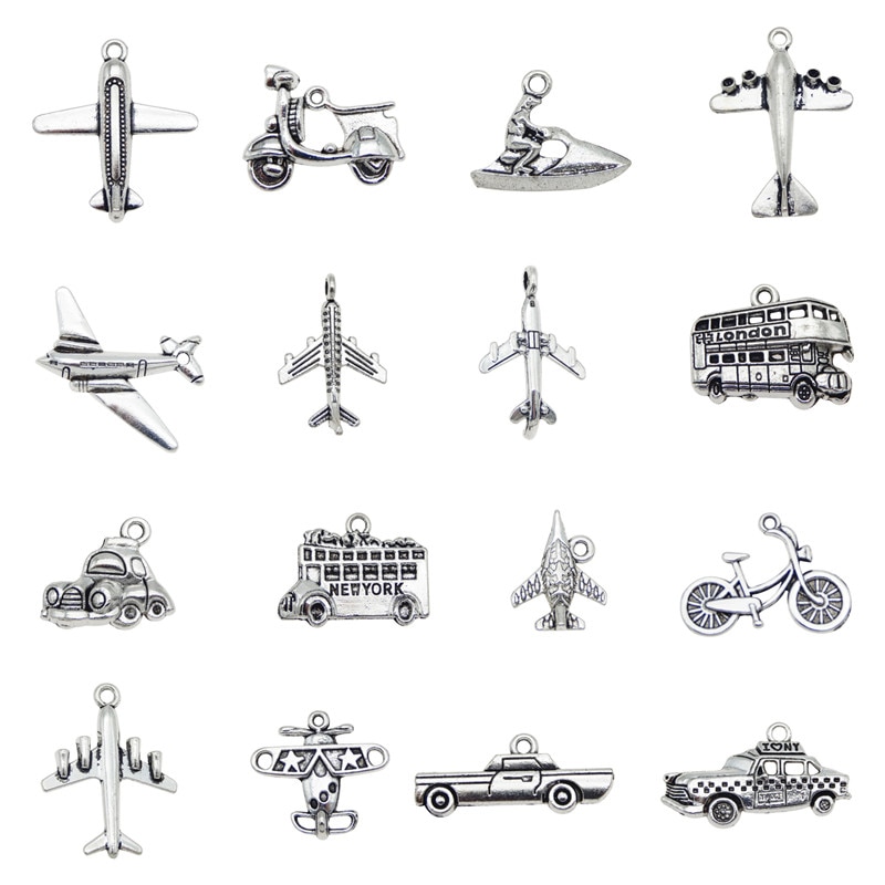 Julie Wang 16PCS Legierung Gemischt Transport Bus Auto Schiff Bike Flugzeug Charme Antike Silber Schmuck Machen Anhänger Erkenntnisse Zubehör