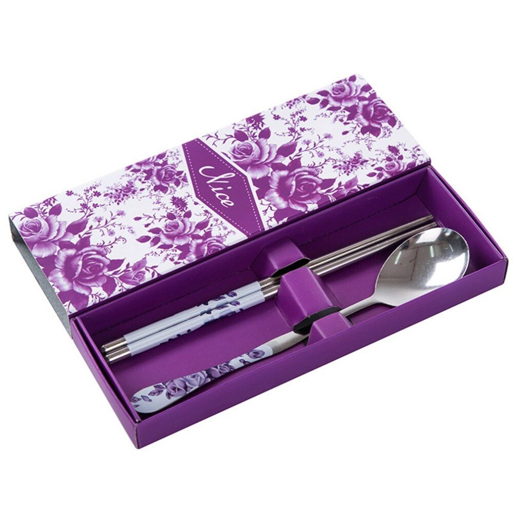 Cubiertos de acero inoxidable cubiertos de dos piezas conjunto de dibujos animados niños cubiertos conjunto palillos chinos cuchara