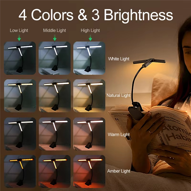 Lampada da libro a clip portato VELIF-Tri-testa 4 modalità colore Lampada da lettura per la cura degli occhi per telecamera da letto e tavolo