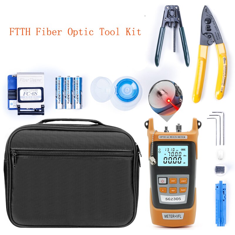 FTTH Fiber Optic Tool Kit with FC-6S Fiber Cleaver and Optical Power Meter 5MW Visual Fault Locator machine Wire stripper CFS-2