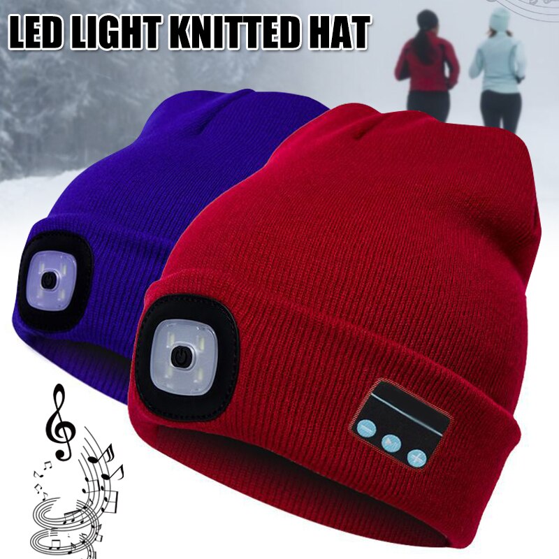 Bluetooth-muts met led-koplamp, verlichte muts, oplaadbaar met draadloze bluetooth-winterwarme gebreide muts en t8