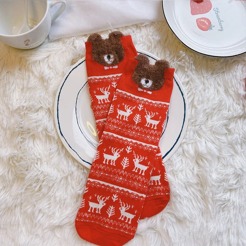 Julesokker dame tegneserie rød elg bjørn rev bomull søte sokker til høst vinter juleår størrelse 34-42: beige