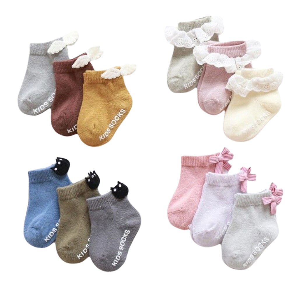 Baby Sokken 3 Paren/set Kant Decoratie Leuke Mooie Doseren Antislip Accessorie 3D Cartoon Aniamal Sokken Voor Meisjes jongens