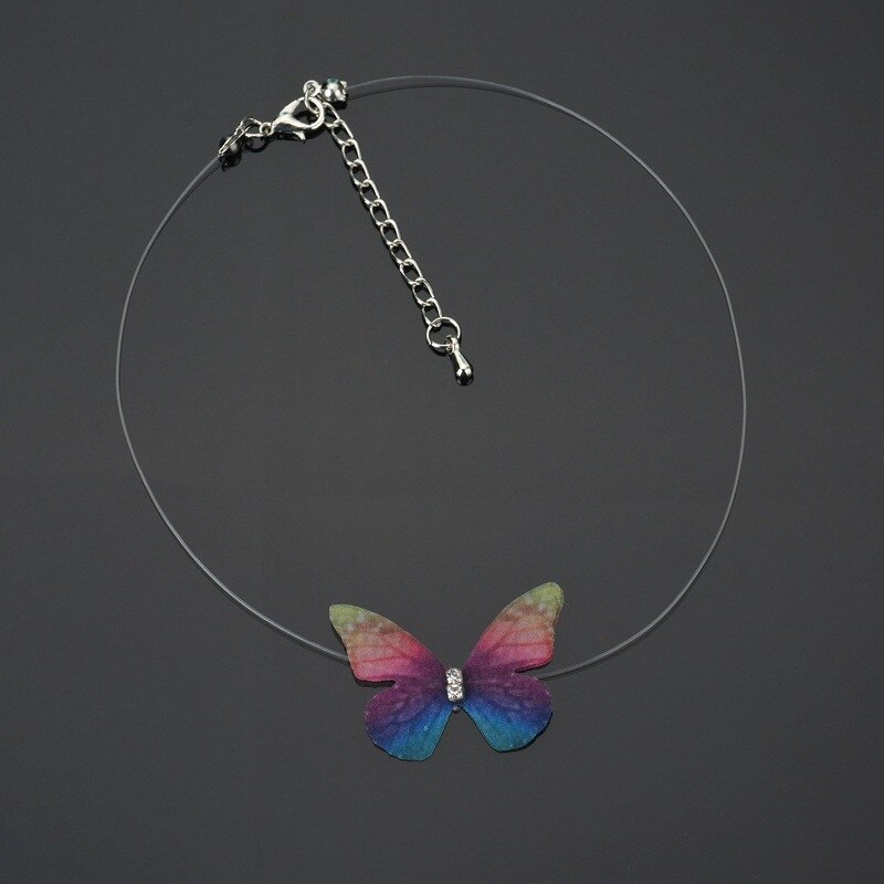 Neue Frauen Kristall Bunte 3D Garn Schmetterling Chocker Unsichtbare Fishline Seide Choker Halskette Anhänger Schmuck