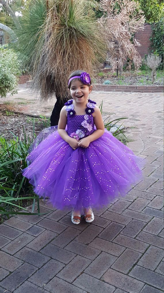 Tytöt riikinkukon väri glitter kukka tutu mekko lasten virkattu tylli mekot juhlamekko hiusrusetilla lasten juhlapuku mekko: Violetti / 7