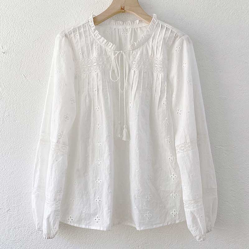 Boho inspireret hvid bluse kvinder langærmet hul ud bomuld forår sommertoppe boho bluse v-hals kvast bluse skjorte
