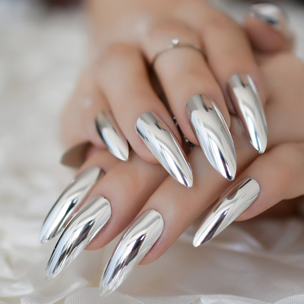 extra Lange Stilett Spiegel Falsche NäGel Silber SchöNe bilden Presse Auf NäGel Farbige Künstliche Nagel Tipps 24 Ct