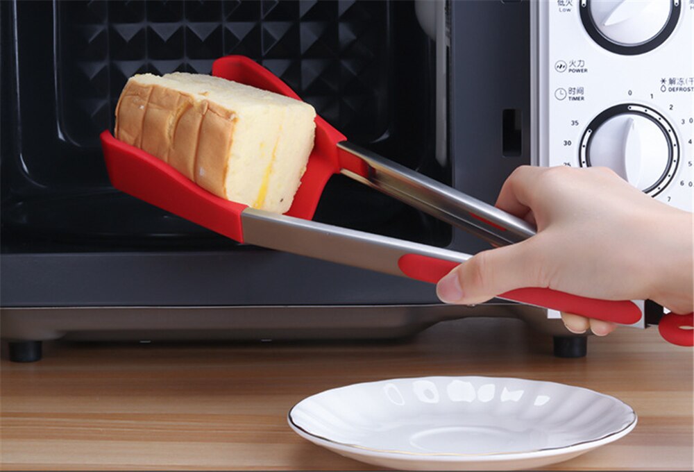 2 in 1 Smart Kitchen Spatula and Tongs Non-Stick Heat Resistant Stainless Steel Frame Silicone Tongs Kitchen Gadget