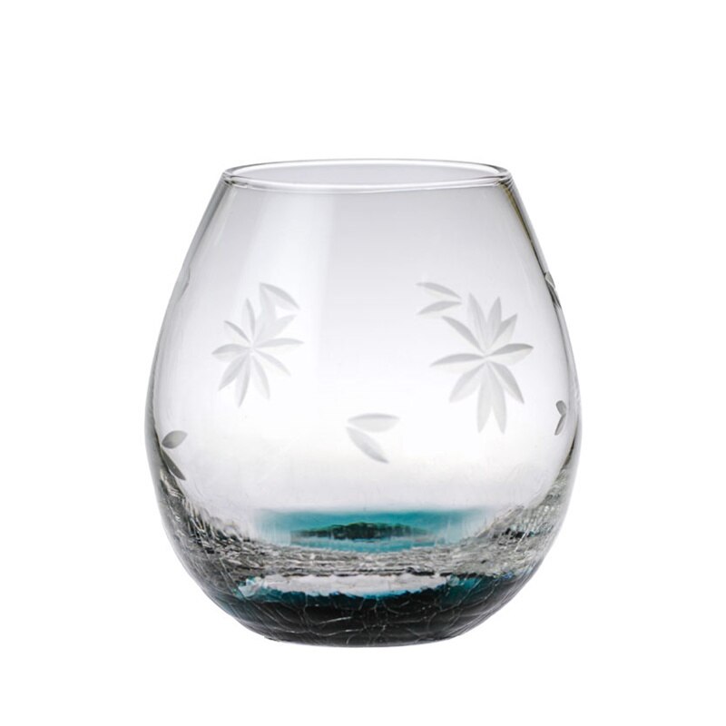 Japanese Style Edo Crystal Ice Cracks Water Cup Manual Engraving Sakura Blackish Green Artwork Big Belly Egg Wine Glass Tumbler: 1 Piece