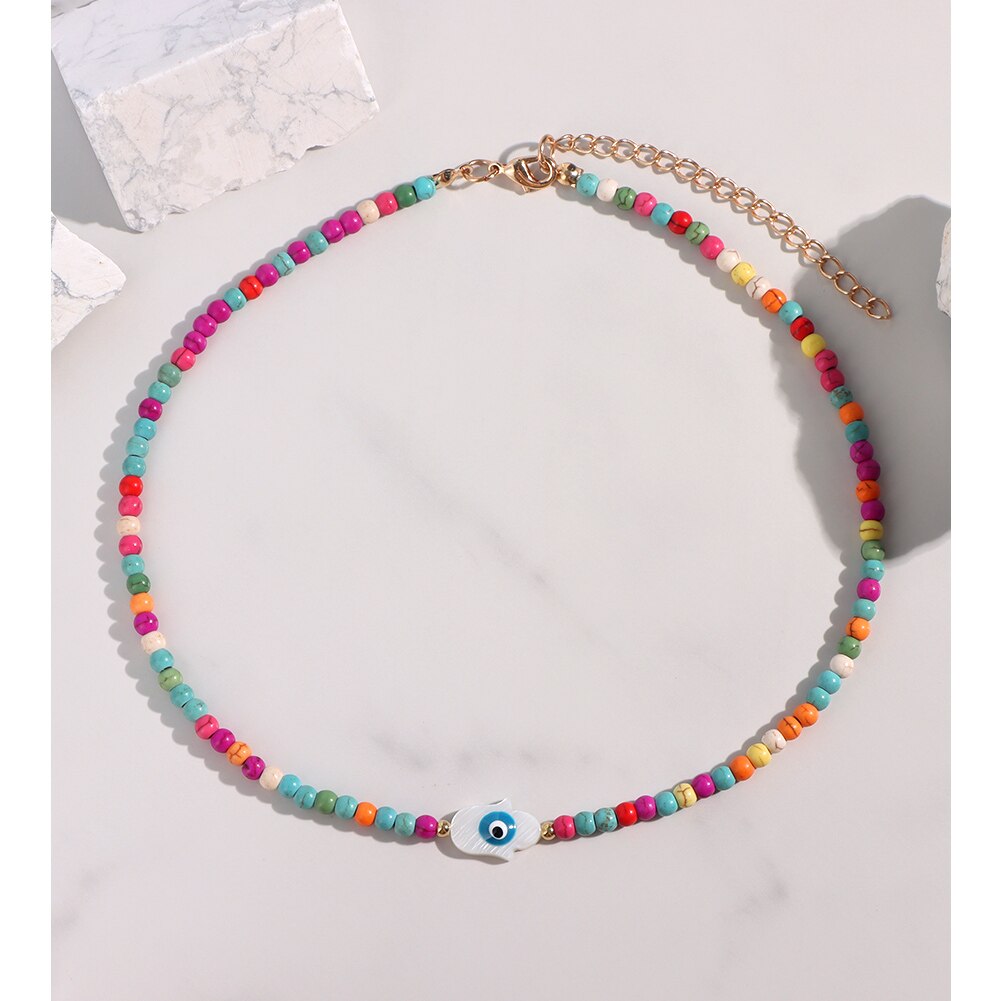JUST FEEL Evil Eye Beads Chain Necklace For Women Handmade Colorful Beaded Irregular Stone Choker Necklace Trendy Jewelry: A065801MC