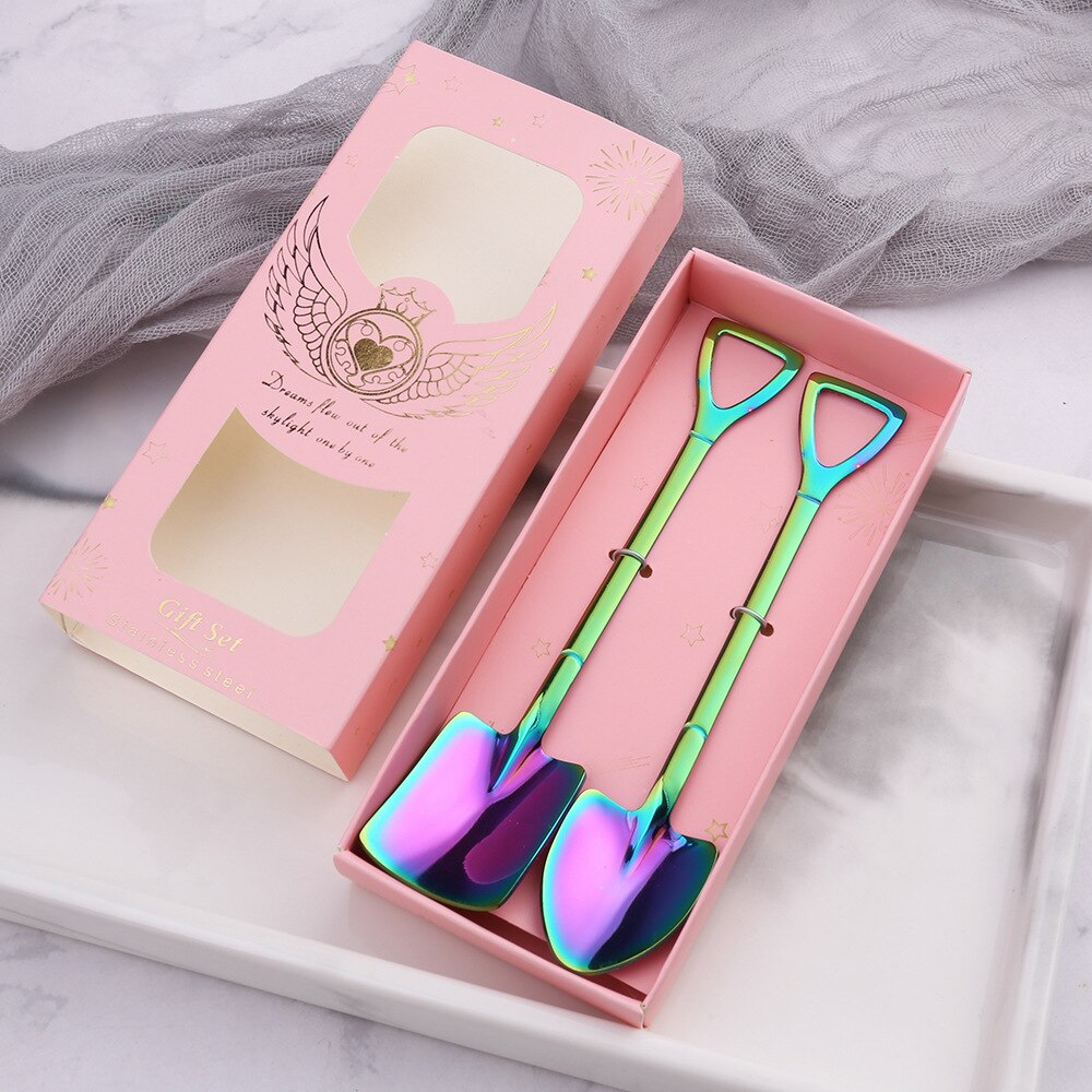 Beautifully packaged coffee spoon tea spoon stirring stainless steel spoon set watermelon dessert ice cream spoon: PINK-X2PC