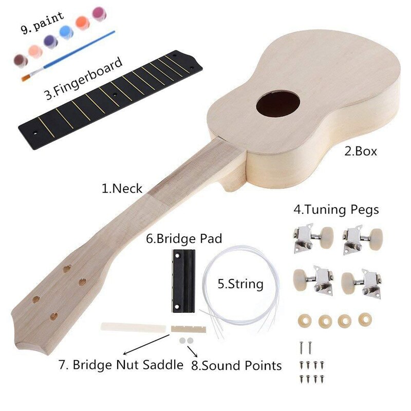 Kit DIY de Ukelele de 23 pulgadas para niños, instrumento musical Hawaiano con soporte manual para pintar, conjunto de juguetes para principiantes