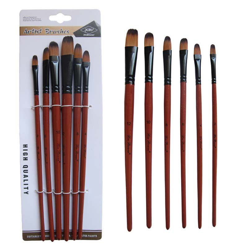 6 Stks/set Nylon Haar Olie Kwast Ronde Hazelaar Angel Platte Acryl Leren Diy Aquarel Pen Voor Kunstenaars Schilders Beginners